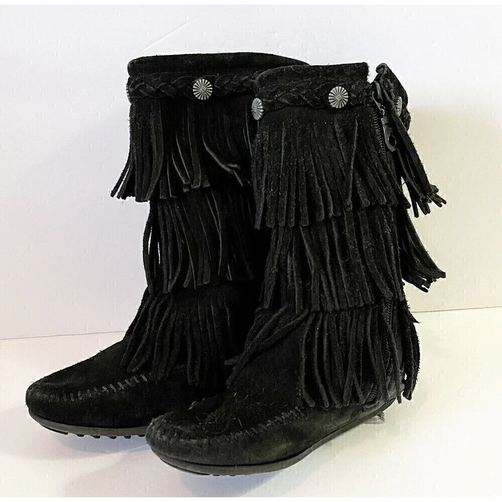 Minnetonka Moccasin Girls Black Boots 3 Layer Fringe Sz 12 Syle 2659 Leather